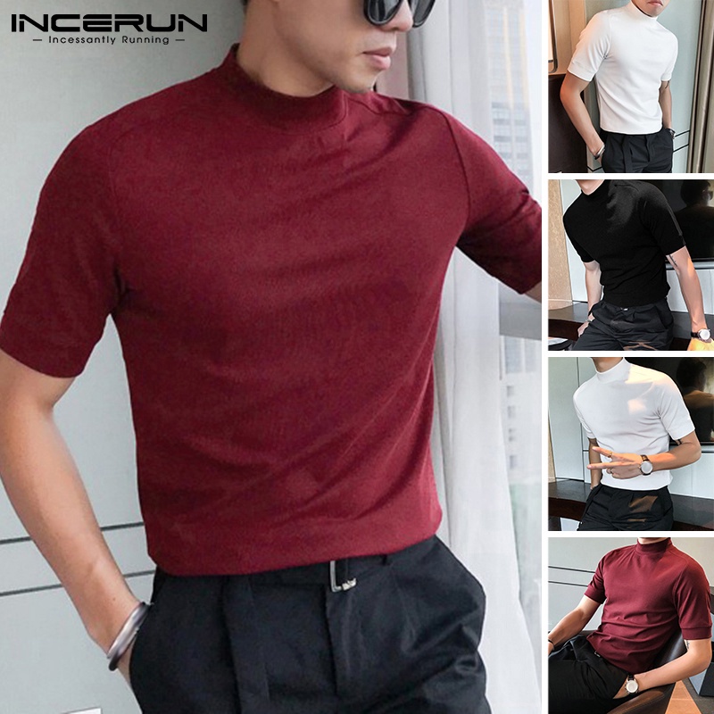 Áo thun INCERUN ngắn tay màu trơn phong cách đơn giản cho nam mặc thường ngày