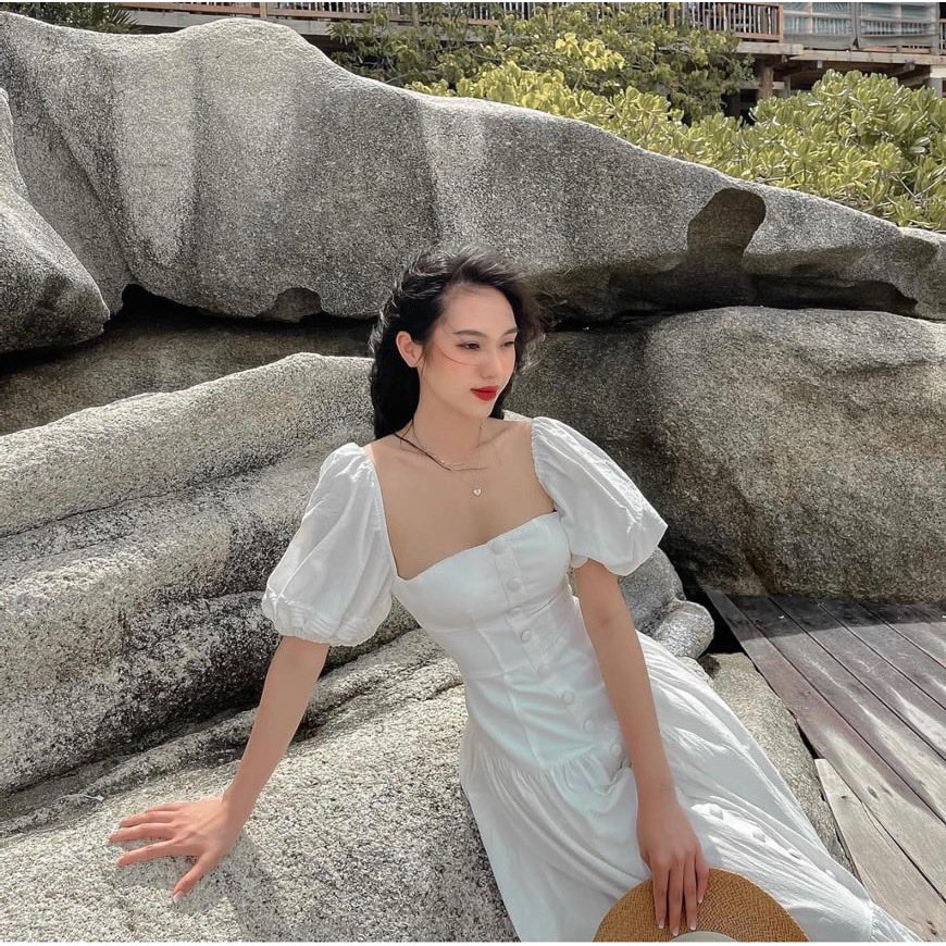 [Mã SKAMA06 giảm 8% tối đa 50K đơn 250K] ĐẦM MIDI TRẮNG CỔ VUÔNG NÚT BỌC TAY PHỒNG ĐUÔI CÁ | BigBuy360 - bigbuy360.vn