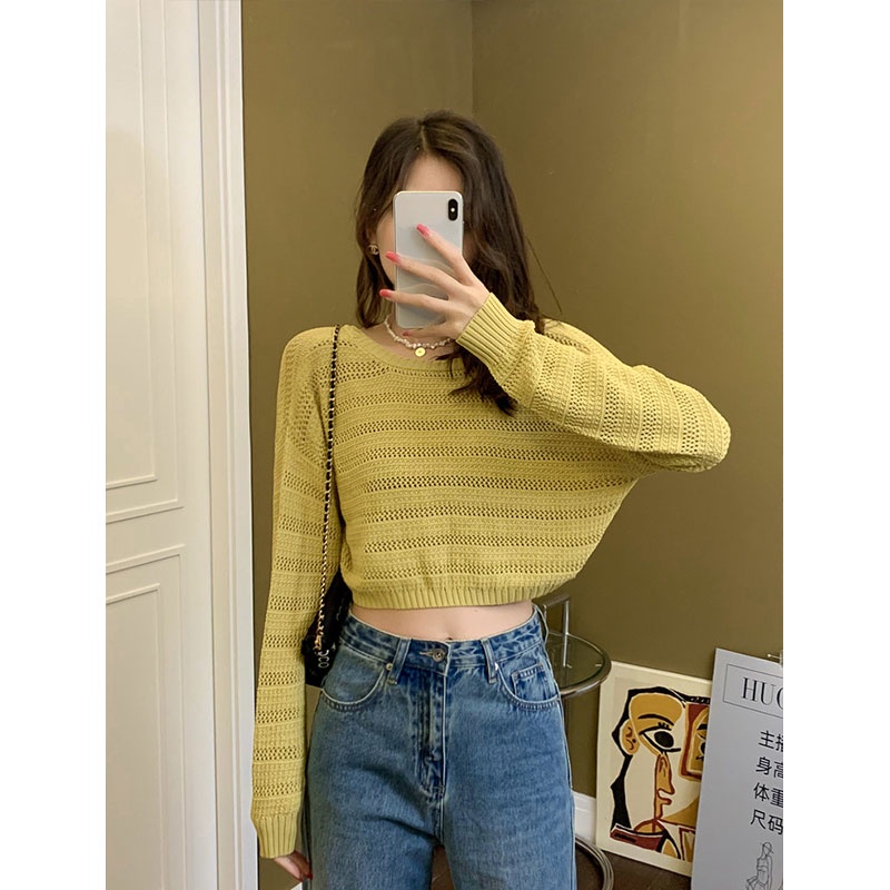 Áo Dệt Kim Tay Dài Cổ Chữ V Phối Ren Lỗ Thời Trang Hàn Quốc Cho Nữ