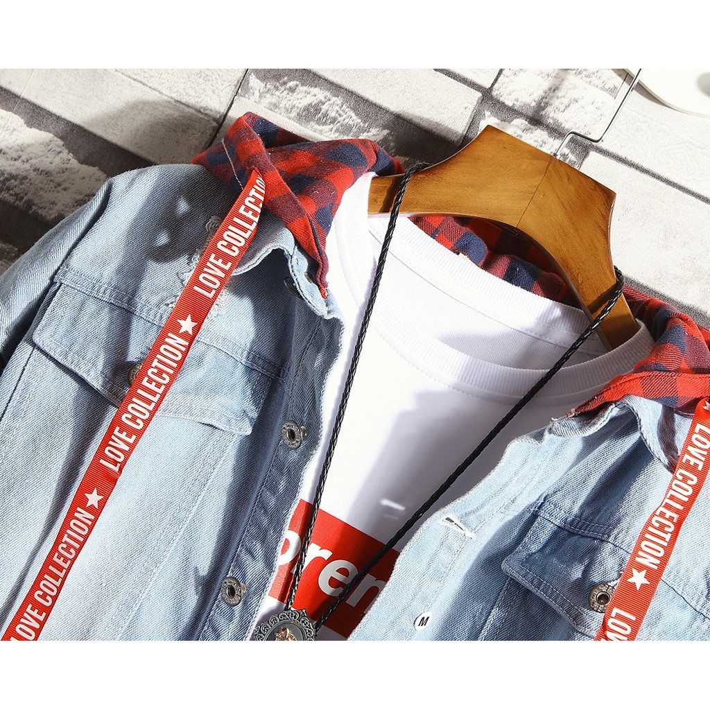 Áo khoác jean nam thiết kế phối caro đỏ, áo nam thiết kế trẻ trung năng động cá tính | BigBuy360 - bigbuy360.vn
