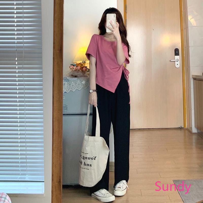Set Áo Thun Tay Ngắn Màu Sắc Đơn Giản Phối Quần Dài Phong Cách Hàn Quốc Cá Tính Cho Nữ