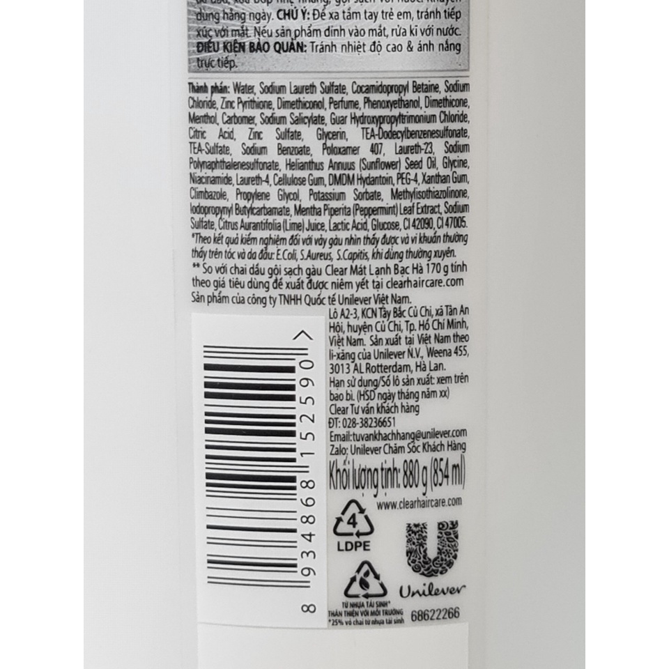 Dầu Gội Sạch Gàu CLEAR Bạc Hà Mát Lạnh 880g