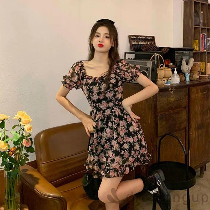 Đầm chữ A cổ vuông tay ngắn phồng eo cao thời trang mùa hè cho nữ