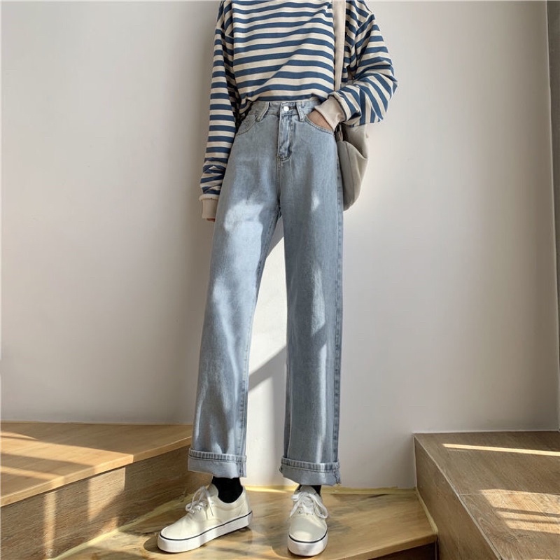 Quần jeans nữ màu xanh hoạ tiết trơn basic ống suông tôn dáng cá tính