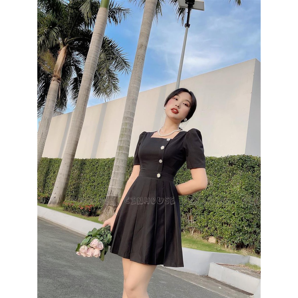 Đầm xòe dập ly Julie 0088 cổ vuông đính nút CIN HOUSE