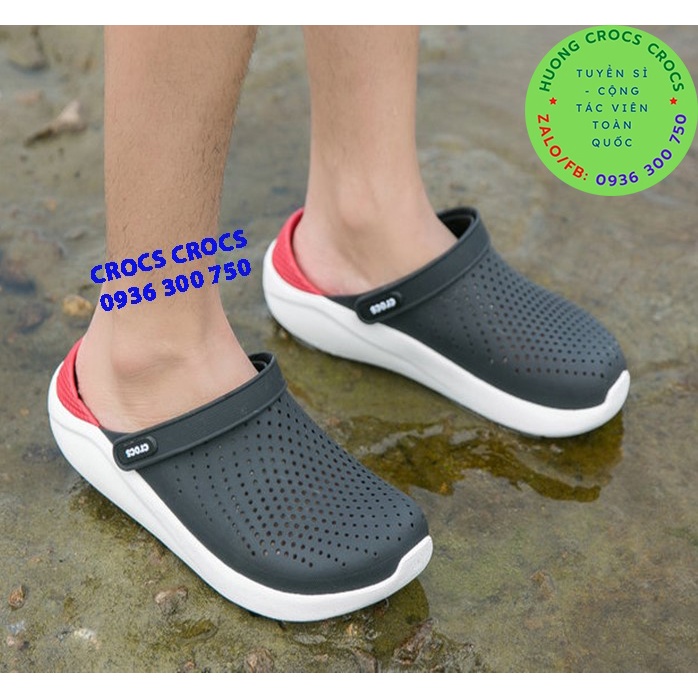 DÉP SỤC CROCS LITERIDE MÀU ĐEN LÓT ĐỎ ĐẾ TRẮNG CHO CẢ NAM VÀ NỮ