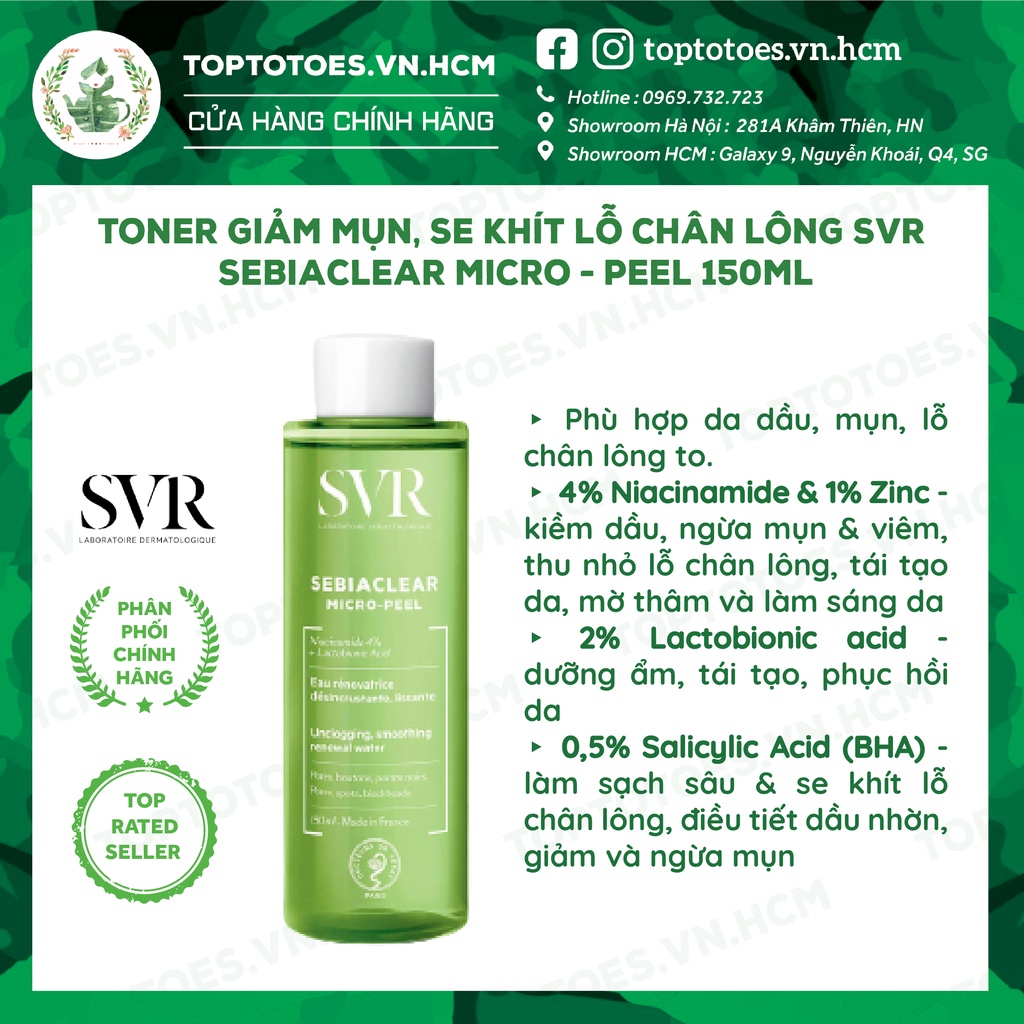 Toner giảm mụn, se khít lỗ chân lông SVR Sebiaclear Micro-peel 150ml  [NHẬP KHẨU CHÍNH HÃNG 100%]