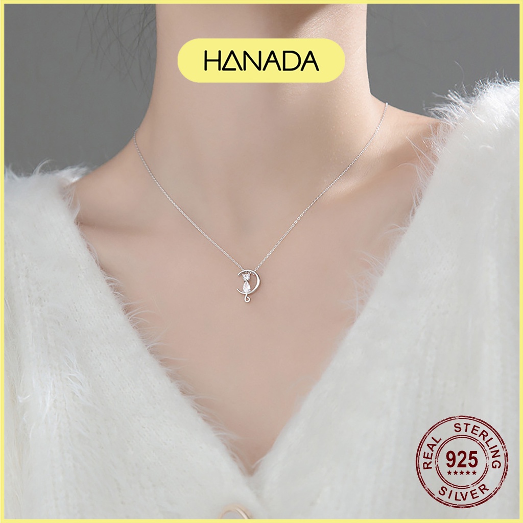 Dây Chuyền Bạc 925 Hanada Vòng Cổ Nữ Măt Trăng Mèo Đính Đá Đơn Giản 1001 K7