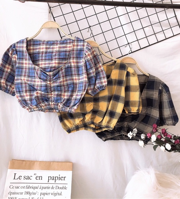 Áo croptop kẻ caro chun eo