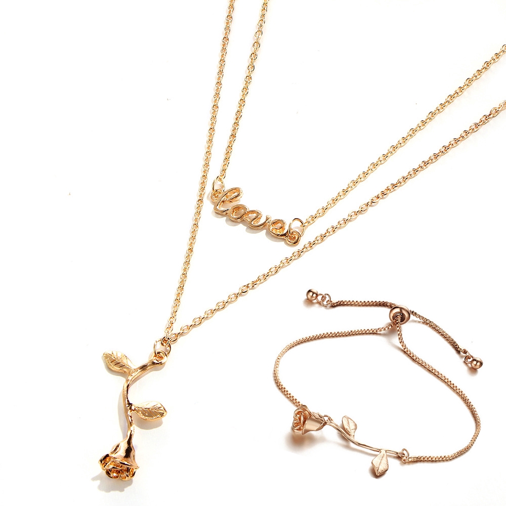 Vòng tay/Dây chuyền hai lớp mặt hoa hồng thời trang cổ điển