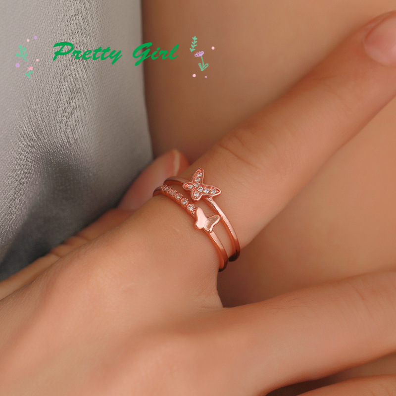 Classic Double Butterfly Diamond Rose Gold Ring Open Adjustable Ring Female Fashion Jewelry Gift