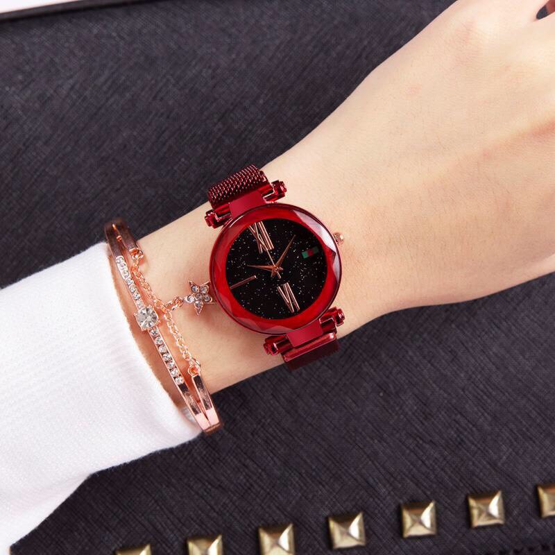 Đồng hồ thời trang nữ dây lưới nam châm Huans màu đỏ SC533