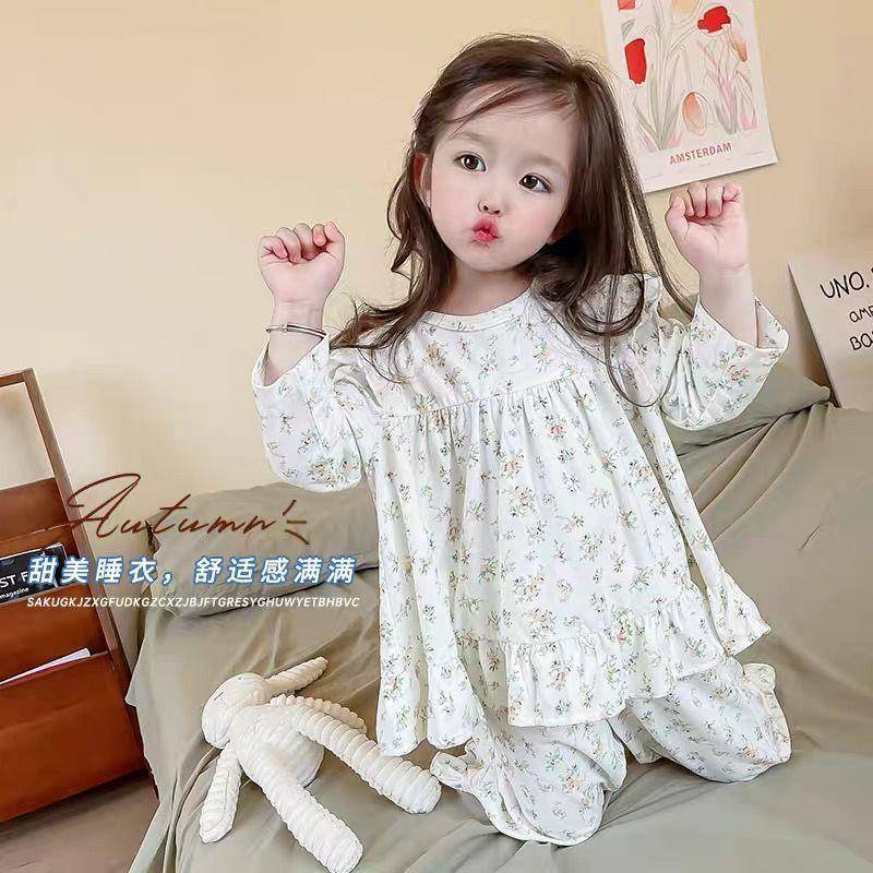 Bộ Đồ Ngủ Cotton Tay Dài Thoải Mái Phong Cách Công Chúa Hàn Quốc Cho Bé Gái