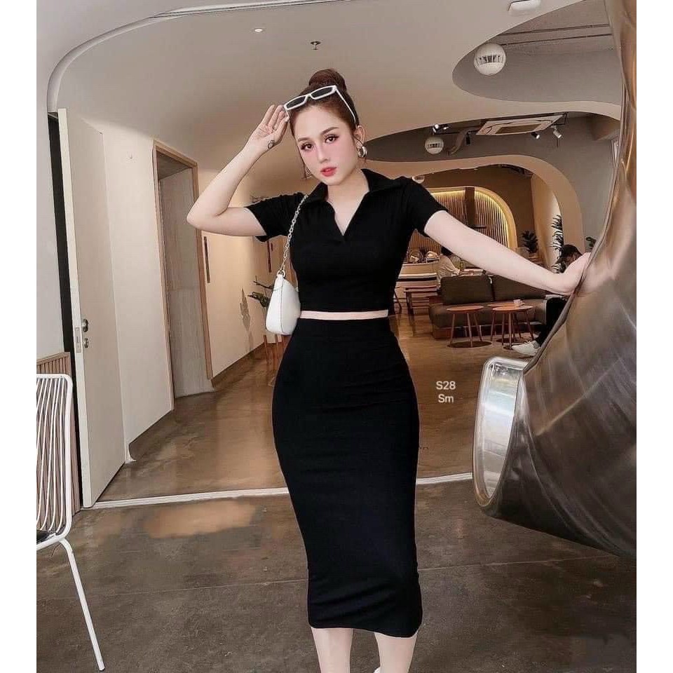 sét thun áo croptop tay ngắn cổ trụ phối chân váy ôm tôn dáng sang chảnh LS040