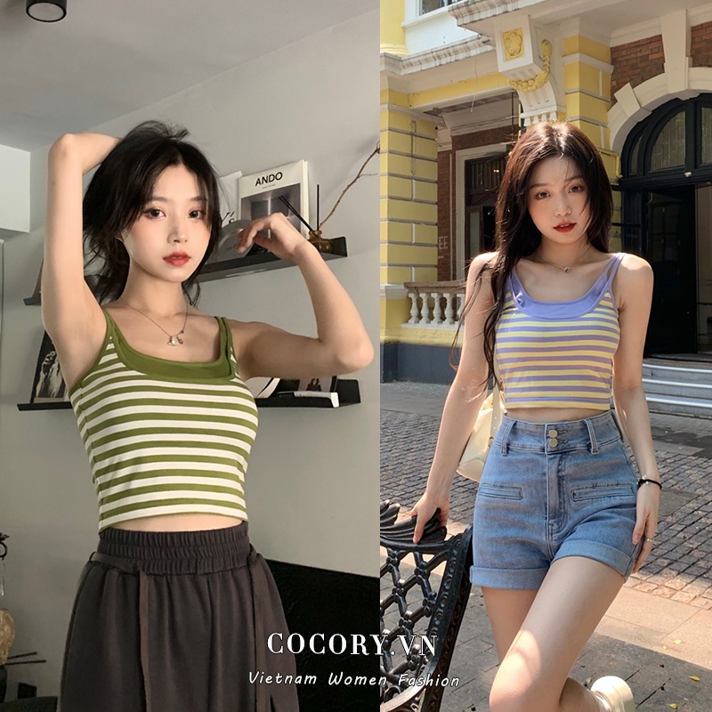 Cocory vn Áo Croptop Dệt Kim Kẻ Sọc Trễ Vai Quyến Rũ Thời Trang Mùa Hè Cho Nữ