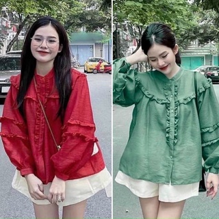 Set áo sơ mi babydoll bèo phồng với quần short