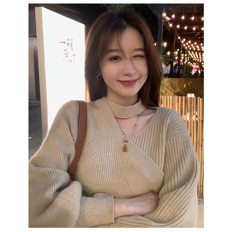 Áo sweater dệt kim cổ chữ v thời trang năm mới xinh xắn