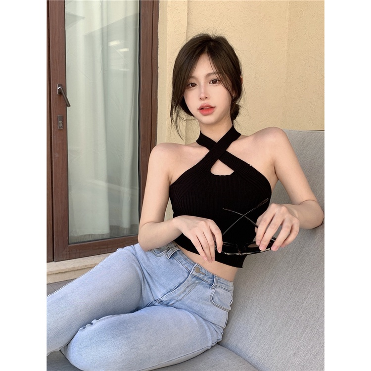 Porozi Áo croptop dệt kim dáng ngắn hở eo quyến rũ trẻ trung phong cách Hàn Quốc