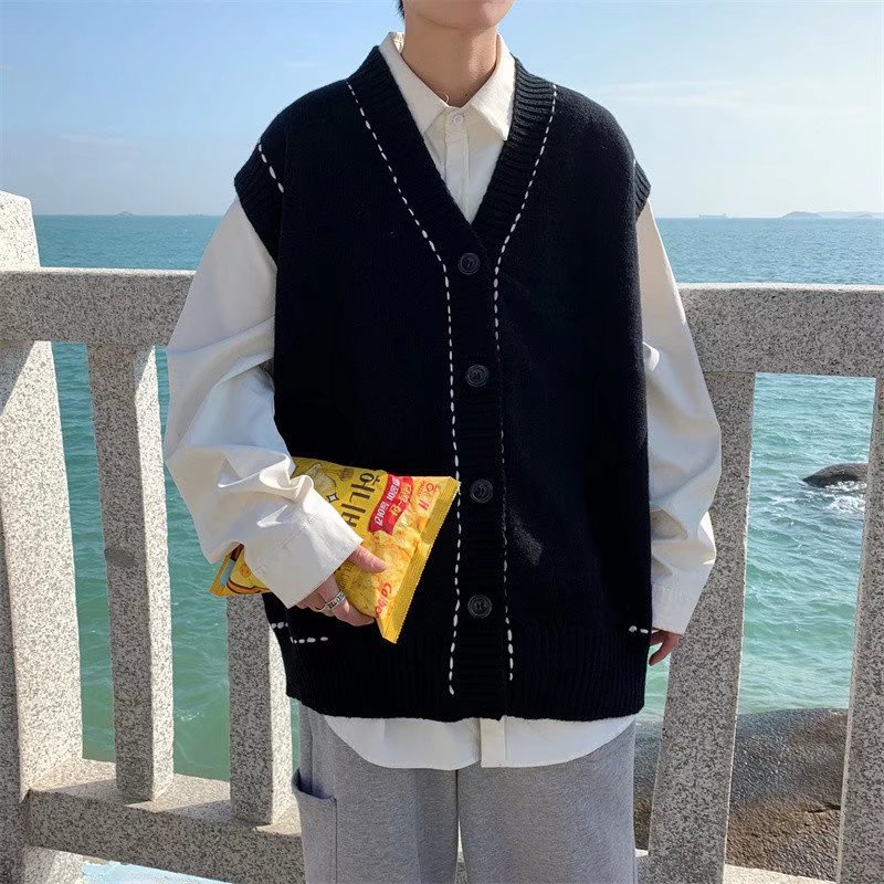 Áo Khoác Len Cardigan Sát Nách Màu Đen Kiểu Retro Nhật Bản Cá Tính Cho Nam