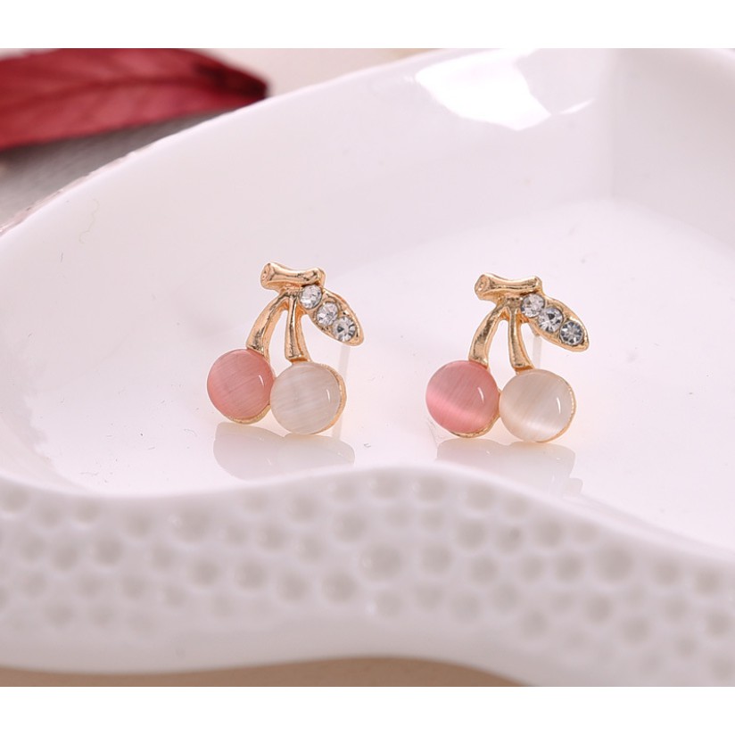 Bông Tai ULA Shop hình quả Cherry Khảm Đá Lấp Lánh chất liệu mạ bạc S925 Phong Cách Hàn Quốc