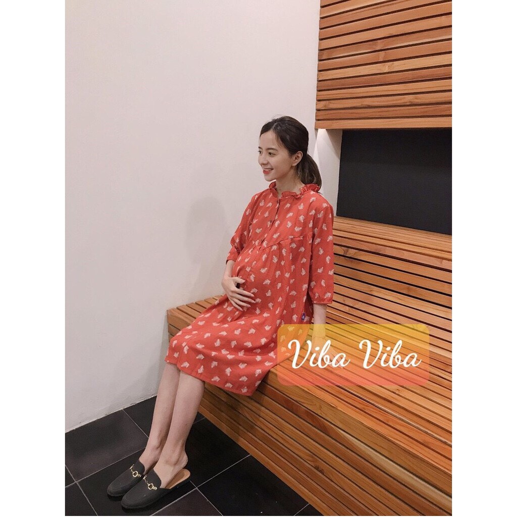 [Bigsize 85kg ]Váy bầu công sở - đầm bầu đẹp *freeship* đầm bầu mùa hè họa tiết cam trẻ trung váy sau sinh