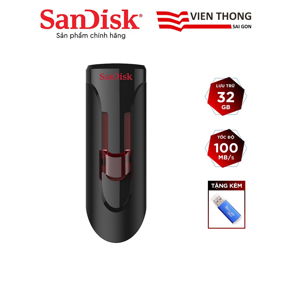 Nơi☞☈USB 3.0 SanDisk CZ600 32GB Cruzer Glide tặng đầu đọc thẻ - Hãng phân phối chính thức