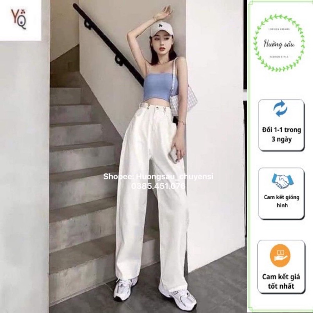 Quần Bò Nữ, Quần Jeans MÀU TRẮNG CÀI MÓC  Ống Rộng Dáng Dài Lưng Cao Dễ Phối Đồ