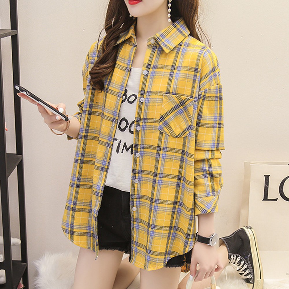 Áo Sơ Mi Nữ Tay Dài Kẻ Sọc Phối Nút Thiết Kế Thoải Mái Năng Động