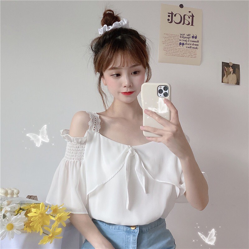 Áo Kiểu Trễ Vai Dây Ren Hot Trend Đính Nơ Ngực Dễ Thương TTSA0684