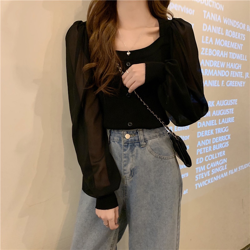 Áo chiffon ZHELIHANGFEI cổ vuông tay phồng thời trang sành điệu dành cho nữ