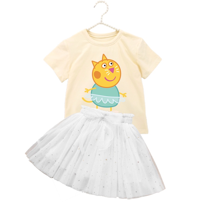 Bộ 2 Món Áo Thun Cotton Mỏng In Hoạt Hình Heo Peppa Phối Chân Váy Tutu Đính Kim Sa Thời Trang 2022 Cho Bé Gái
