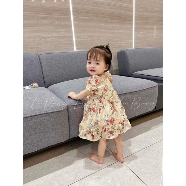 VB264 -  VÁY BÉ GÁI MÀU BE NỀN HOA CAM CHUN TAY