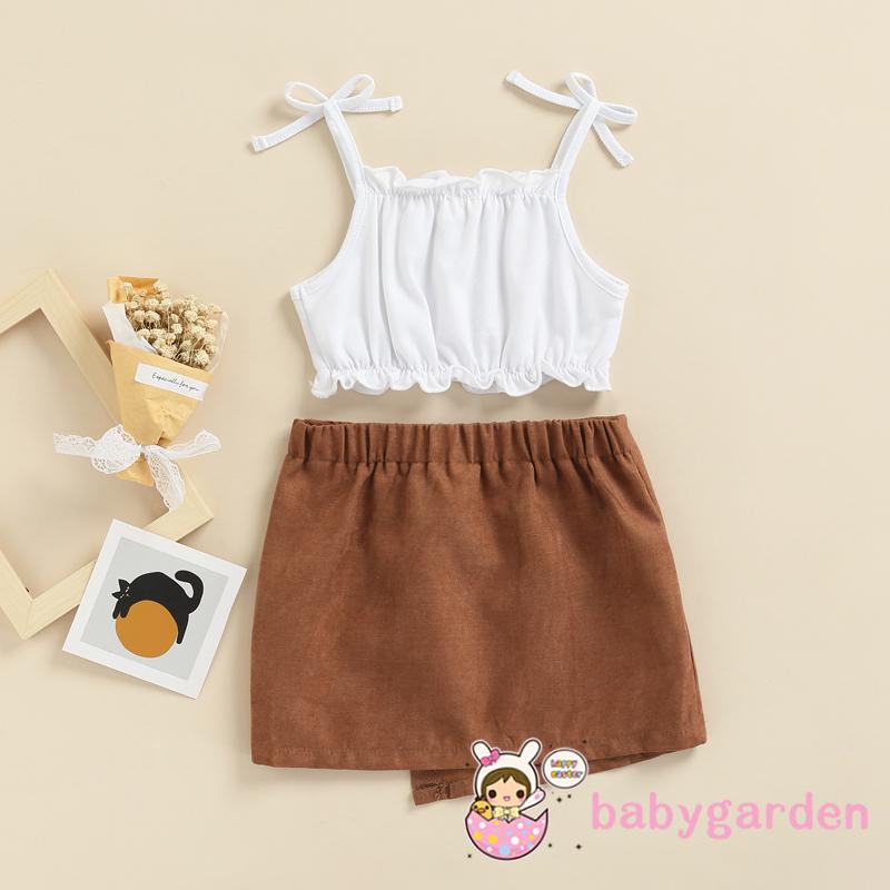 Bộ áo hai dây + chân váy mini co giãn màu nâu cho bé gái