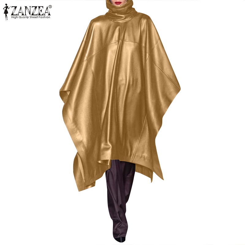 Áo poncho ZANZEA màu trơn dáng rộng cổ lọ không tay phong cách vintage thời trang cho nữ