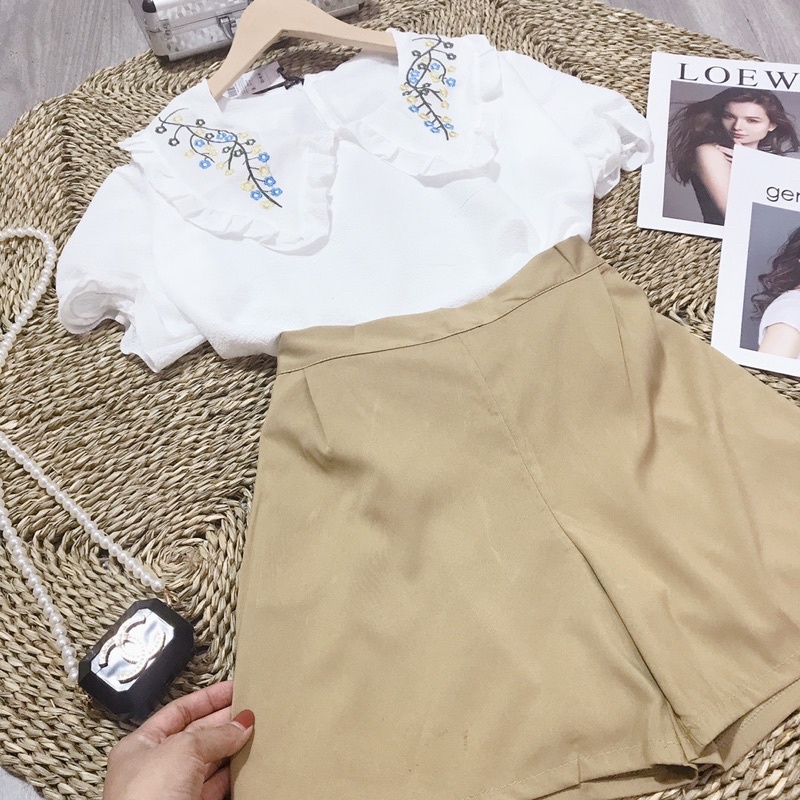 Set bộ sơ mi đũi trắng cổ thêu hoa mix sooc kaki nâu be