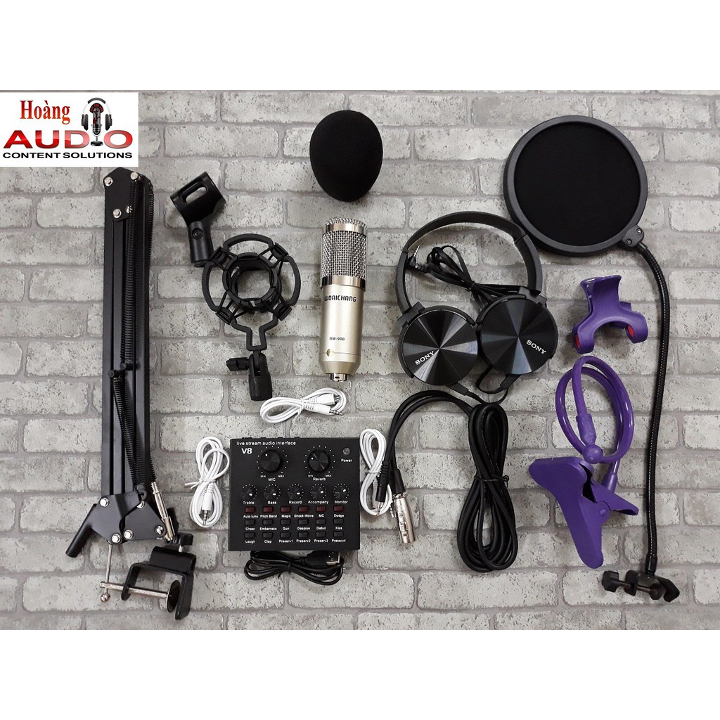 Combo mic thu âm BM900 woaichang + soundcar V8 bản quốc tế