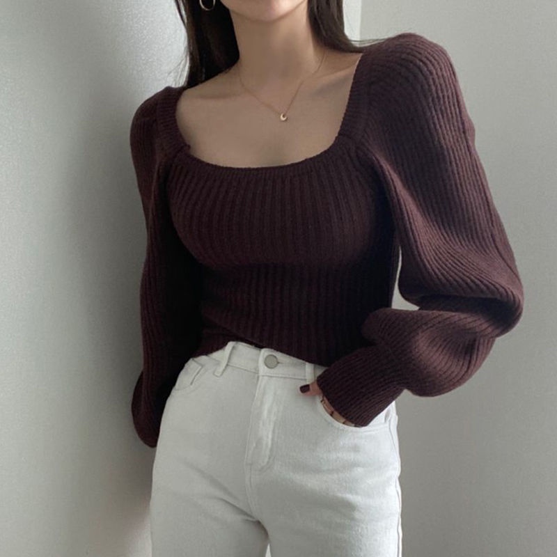 Áo Sweater Dệt Kim Tay Phồng Dài Cổ Vuông Phong Cách Hàn Quốc Thời Trang Cho Nữ