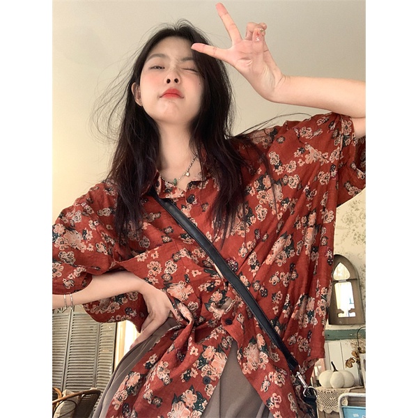 Áo Sơ Mi Tay Ngắn Dáng Rộng In Hình Hoa Hồng Phong Cách Vintage