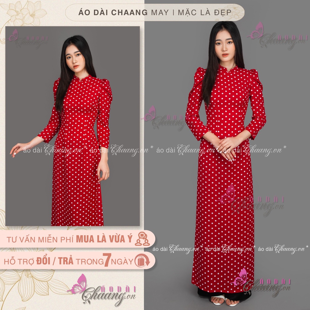 Áo Dài Đỏ Đô Chấm Bi Trắng Tay Vai Bồng May Sẵn Cổ Vuông Truyền Thống Dự Tiệc Lễ Tết Đẹp