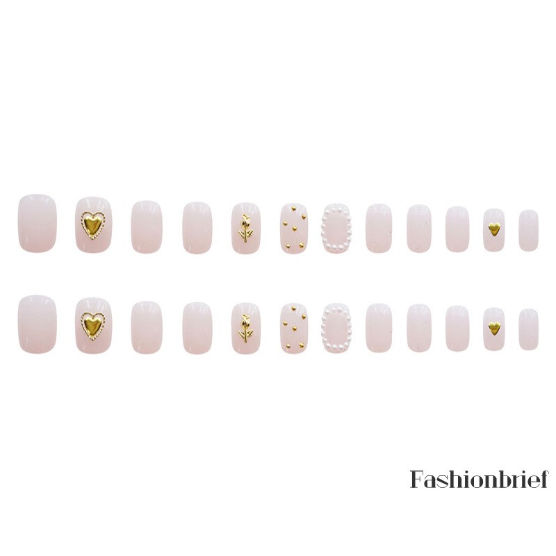 24pcs Gold Heart and Rose Flower Pattern Design Fake Nails Pearl Suitable Fairy Girls Decoration Wearable Finished Nails