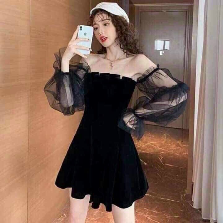 Đầm Nữ Đẹp⚡𝙎𝙄𝙀̂𝙐 𝙎𝘼𝙇𝙀⚡ Đầm Nữ Trễ Vai Tay Dài Phối Lưới Dễ Thương - 70056