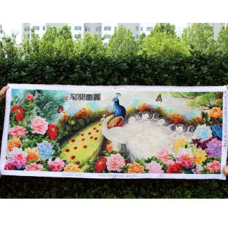 Tranh thêu chữ thập đôi công chỉ lụa chỉ thường