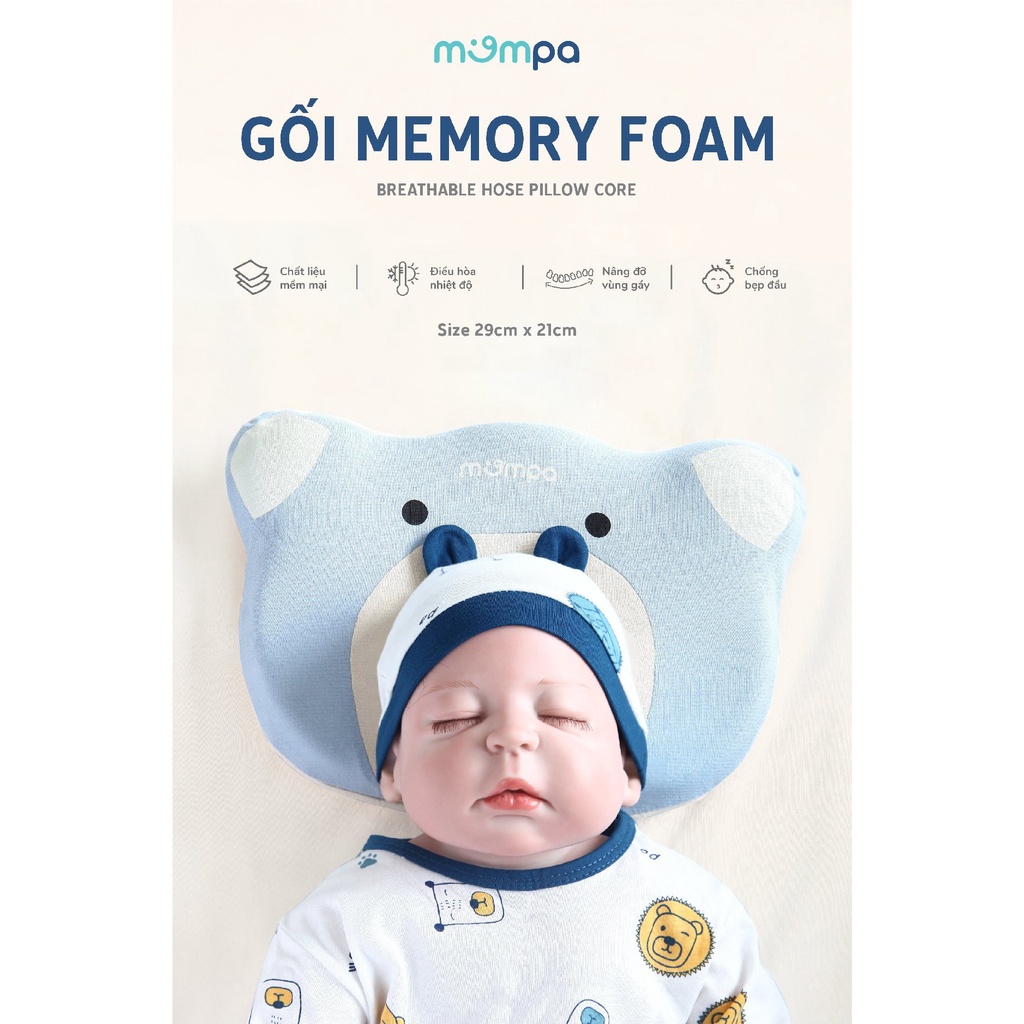 Gối sơ sinh chống bẹt đầu Mompa ruột gối chất memory foam GẤU POLLO tặng 1 vỏ gối 031