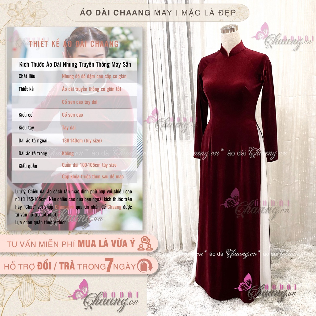 Áo Dài Nhung Đỏ Đô Đậm Truyền Thống May Sẵn Dự Tiệc Lễ Tết Đẹp Quý Phái