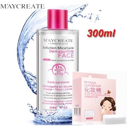 Combo nước tẩy trang và bông tẩy trang: Nước tẩy trang MayCreate 300ml + Hộp 100 miếng bông tẩy trang Bioaqua NO-SPU136