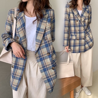 Sẵn Da trời-S(Hàng Đẹp)Ảnh thật 6 hình cuối-HC396.Áo khoác vest blazer kẻ vintage mùa thu siêu xinh