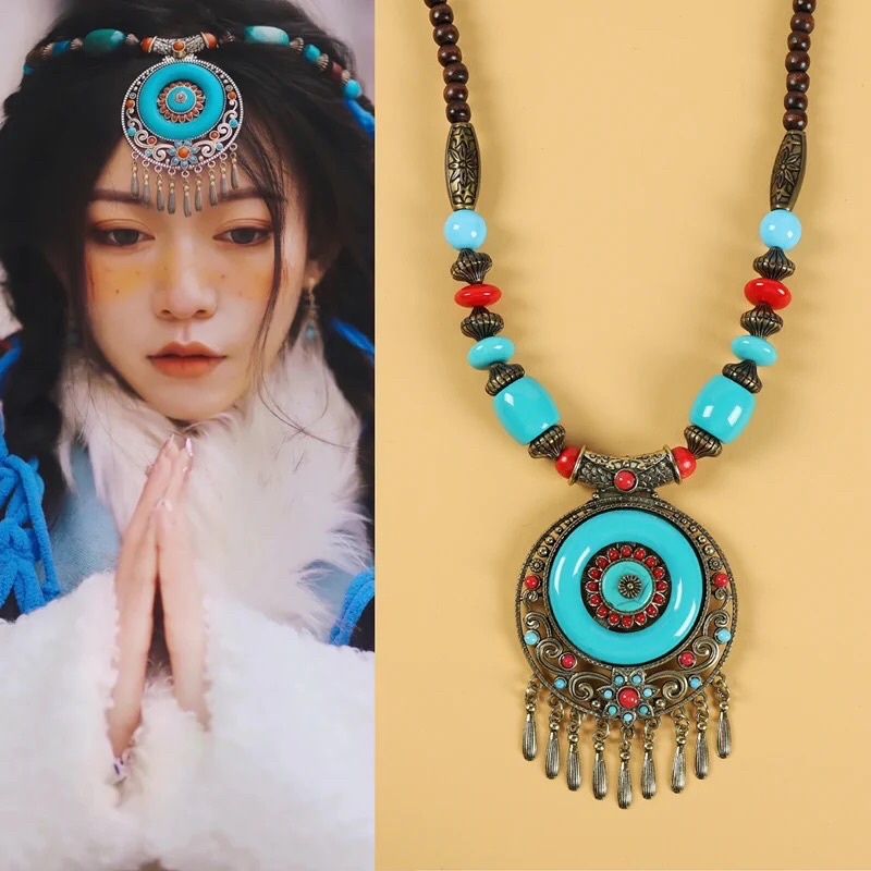 Vòng cổ dây chuyền đeo trán kiểu tây tạng mông cổ có sẵn phong cách bohemian dùng make up chụp ảnh