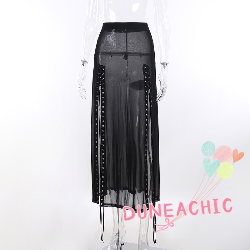 Chân Váy Dài Phối Lưới Xuyên Thấu Phong Cách Punk Gợi Cảm Cho Nữ