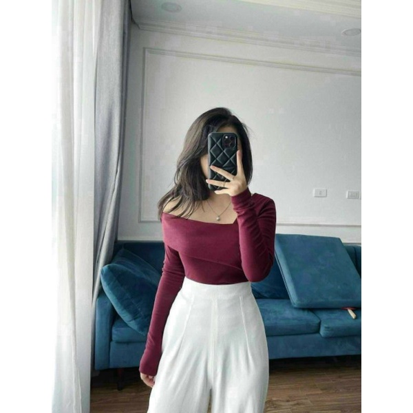 Áo kiểu tay dài len gân trễ bên cực hot