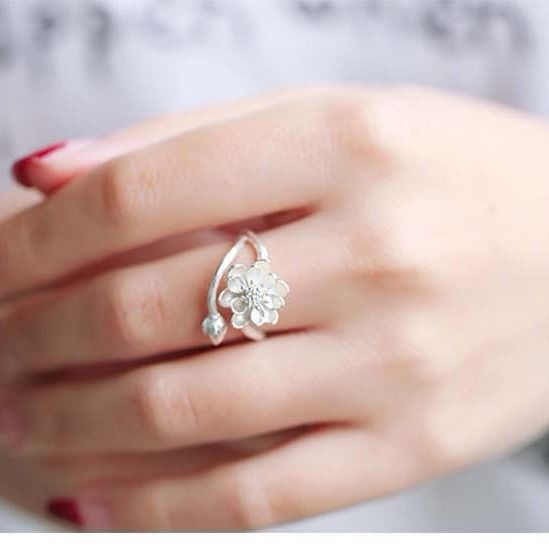 Miyan S925 Bạc Cổ Nguyên Bản Hoa Sen Handmade Nhẫn Mở Nhẫn Tươi Đơn Giản Hoa Nhẫn Bạc